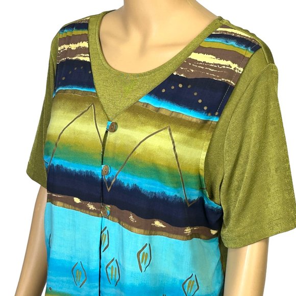 Cascais Of California Womens L Green Blue Short Sleeve Stretch Blouse Shirt - Picture 6 of 11